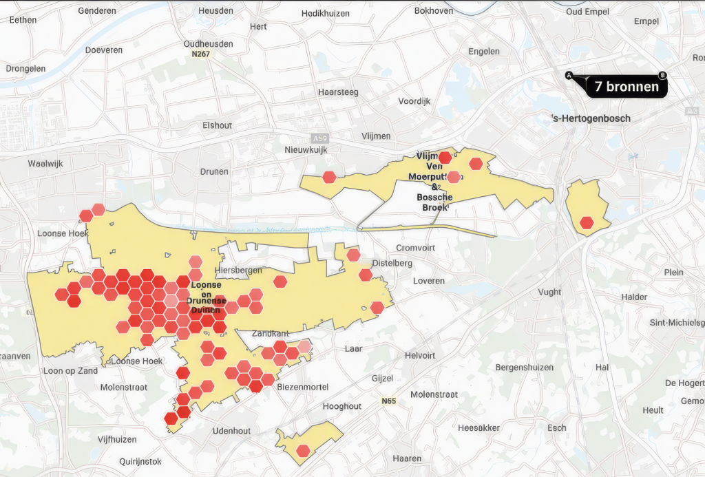 STIRS-kaart met stikstofbronnen en Natura 2000-gebieden rond ’s-Hertogenbosch