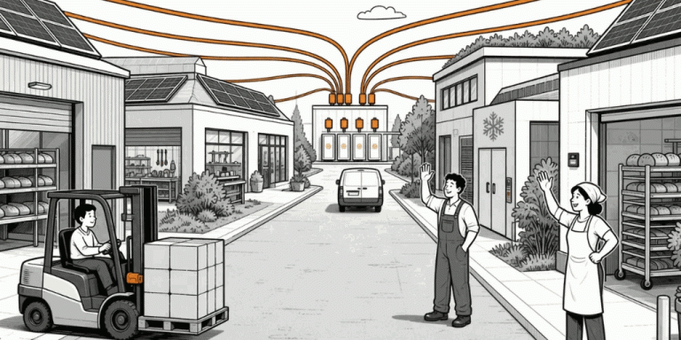 Illustratie van een straat op een nieuw bedrijventerrein waar oranje kabels als slingers tussen de daken naar een gezamenlijke energiehub lopen, met een heftruck en ondernemers die naar elkaar zwaaien