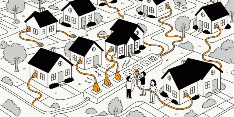 Geanimeerde illustratie van woningen met oranje stroomkabels die samen op één stekkerdoos zijn aangesloten