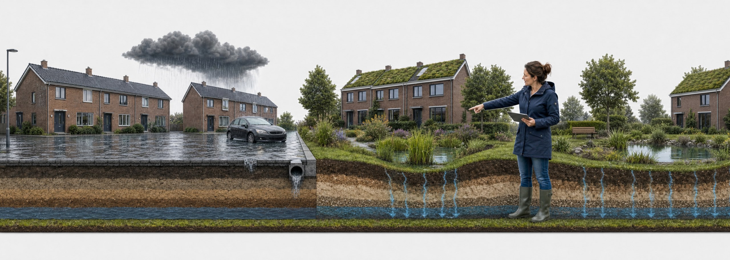 Doorsnede van de bodem met links een verharde straat die onder water staat en rechts woningen met groene daken, wadi's en een vijver waar het regenwater de grond in zakt, met een wateradviseur die naar de wadi wijst