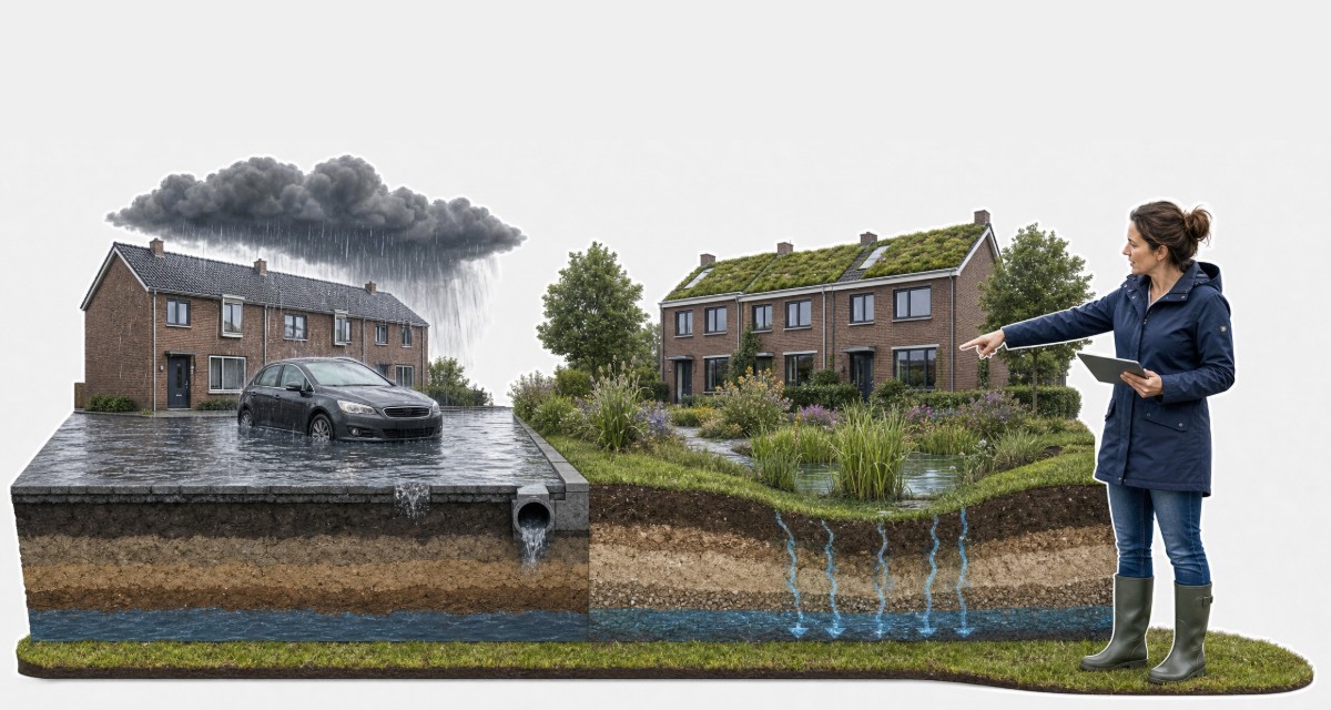 Doorsnede van de bodem met links een verharde straat die onder water staat en rechts woningen met groene daken en een wadi waar het regenwater de grond in zakt, met een wateradviseur die naar de wadi wijst