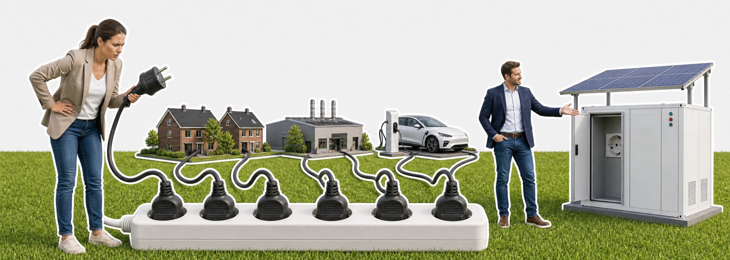 Een ondernemer met een stekker bij een volle stekkerdoos waar woningen, een fabriek en een laadpaal al op zijn aangesloten, terwijl een adviseur naar een batterijcontainer met zonnedak en een vrije aansluiting wijst