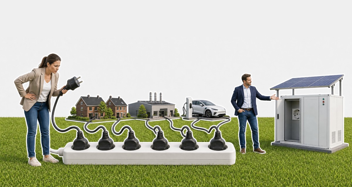 Een ondernemer met een stekker bij een volle stekkerdoos waar woningen, een fabriek en een laadpaal al op zijn aangesloten, terwijl een adviseur naar een batterijcontainer met zonnedak en een vrije aansluiting wijst