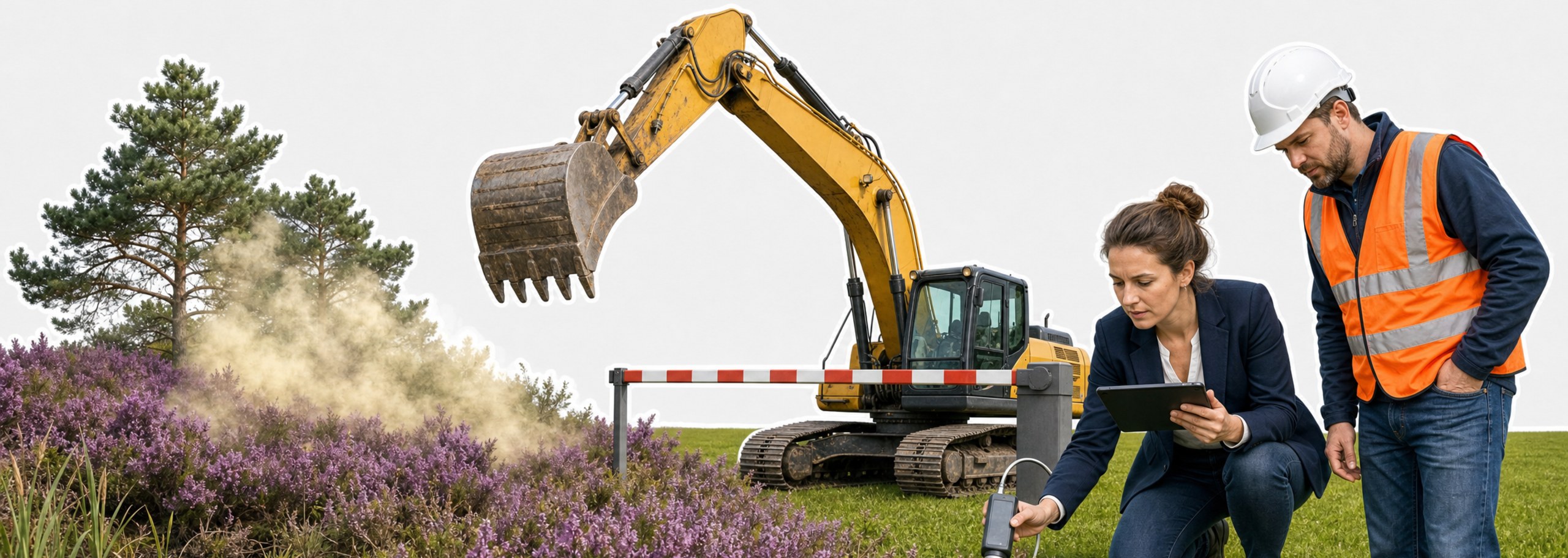 Een graafmachine staat stil achter een slagboom naast een heideveld waar stikstof op neerslaat, terwijl een adviseur bij de heide meet en met een uitvoerder op haar tablet kijkt