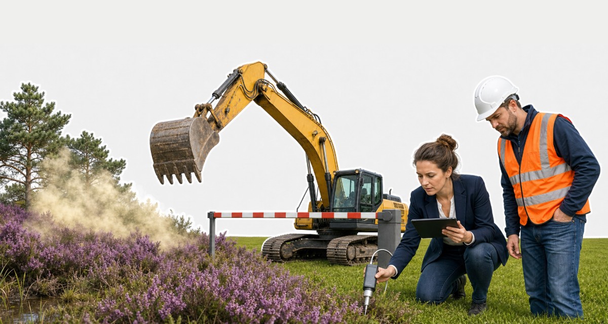 Een graafmachine staat stil achter een slagboom naast een heideveld waar stikstof op neerslaat, terwijl een adviseur bij de heide meet en met een uitvoerder op haar tablet kijkt