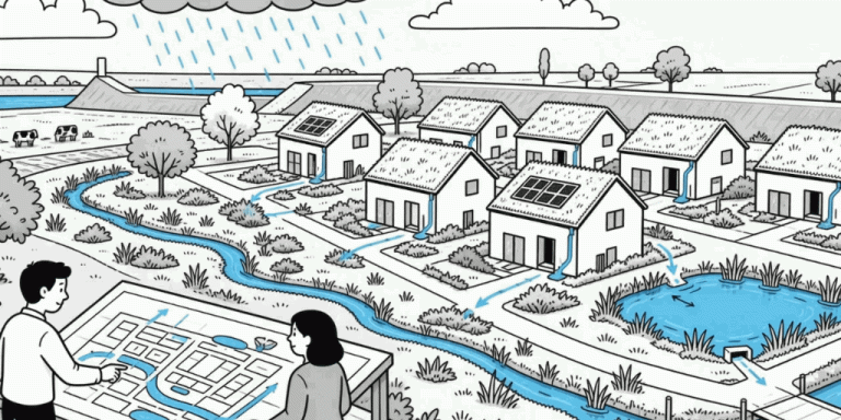 Illustratie van een klimaatbestendige woonwijk met wadi, waterberging en beek, en twee planners bij een kaart van de waterstromen